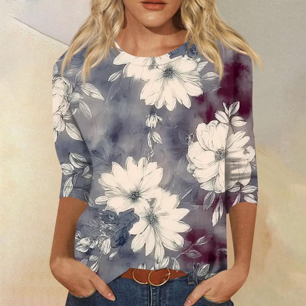 Damenmode Lässiges T-Shirt mit Rundhalsausschnitt und Dreiviertelärmeln und Aufdruck