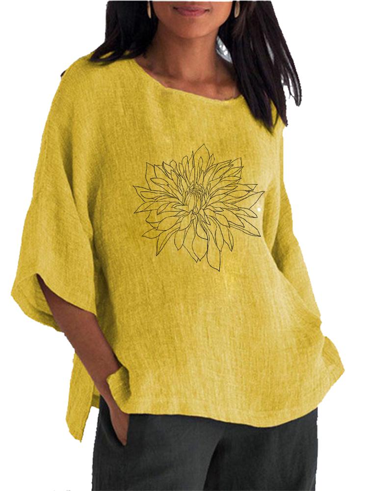 Blusa Feminina Fashion de Algodão e Linho Primavera&Verão Gola Redonda Manga 3/4 Longa Camisa Feminina Pulôver Tops Soltos