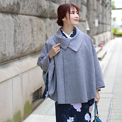 Brilliant Piece Kimono Coat, Shawl Collar Poncho Cape, Winter Herringbone Kimono Coat, Cold Weather Haori, Gray