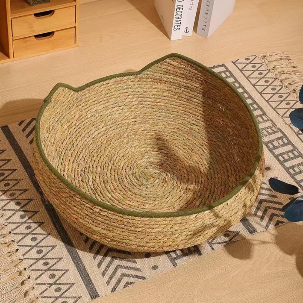 

Washable Braided Cat Bed Breathable Weave Cat Nest New Cat Sleeping House for Cats and Dogs Khaki green-L