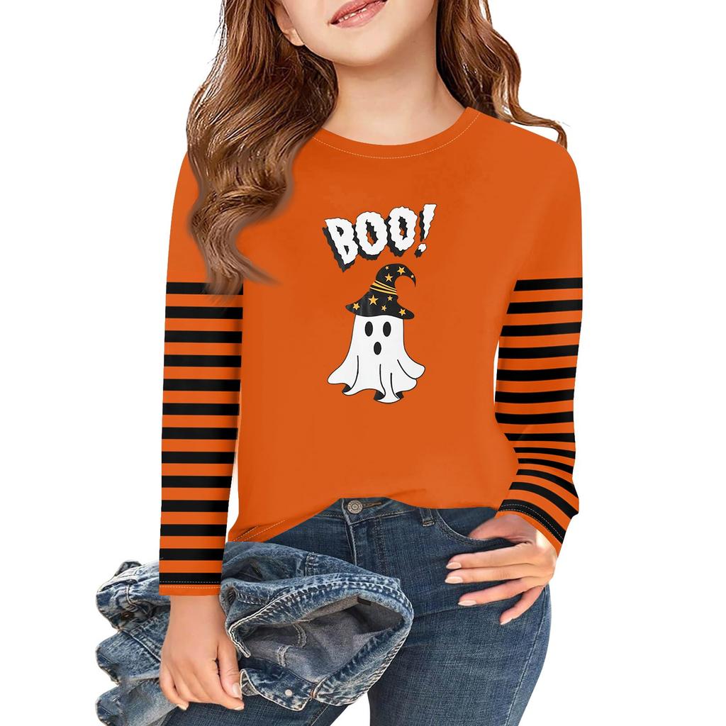 Jenter Langermet Halloween Dag T-skjorter Barn Høst Topper Rund hals Basic T-skjorter 2-11Å