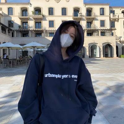 Letter Print Hooded Sweatshirt for Women's Autumn Winter Thickened Plush Loose Pullover Hoodies Top