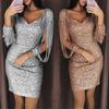 Sleeve Glitter Women Bodycon Dresses Ladies Sexy Tassels Dress Midi Party Dress Sequins Slim Dress
