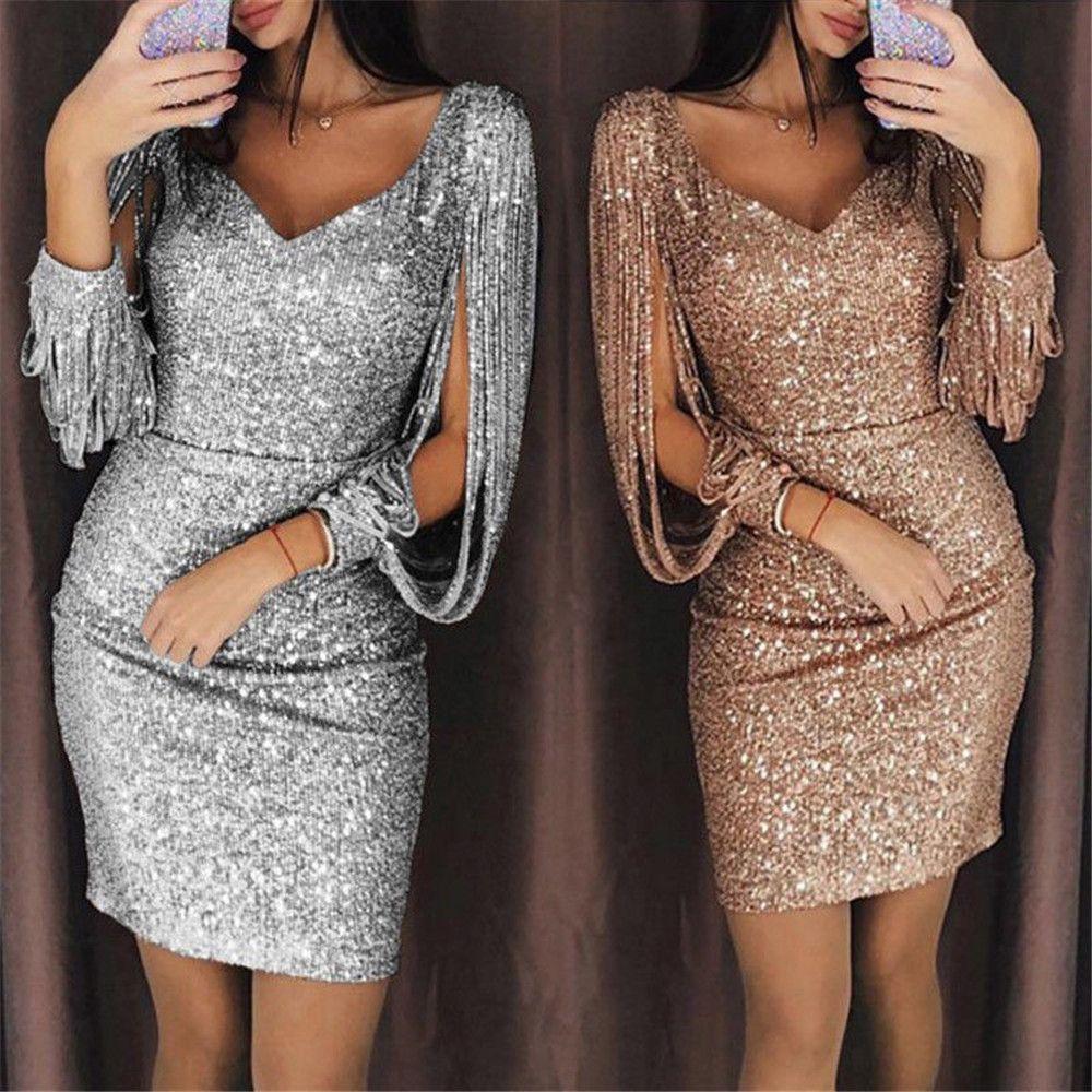 Sleeve Glitter Women Bodycon Dresses Ladies Sexy Tassels Dress Midi Party Dress Sequins Slim Dress