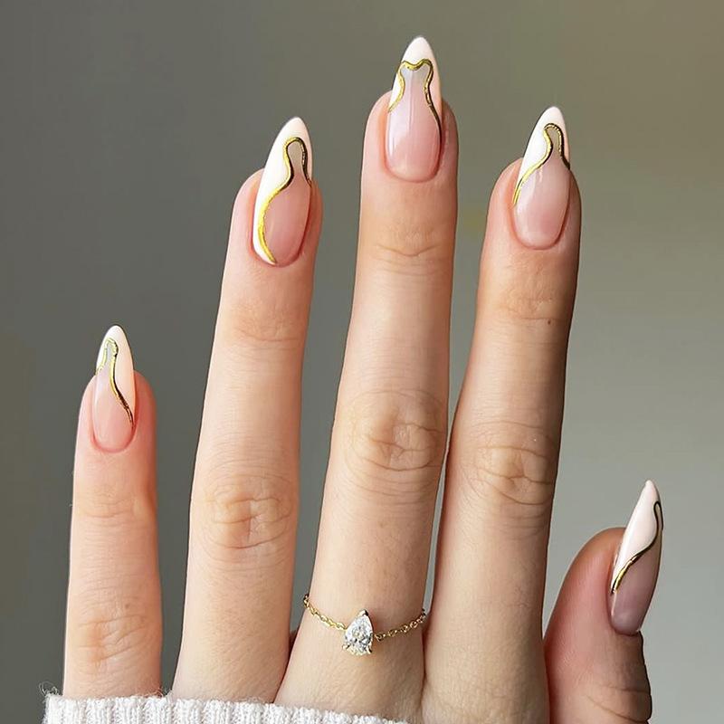 

White Gold Almond Press-On Fake Nails with Slanted Edge