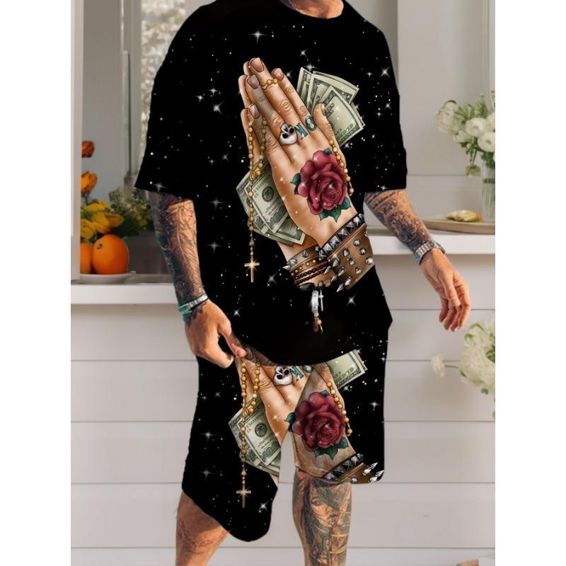 Men's Printed Short Sleeve T-Shirt + Shorts Set Casual Sportswear Breathable Outdoor Leisure