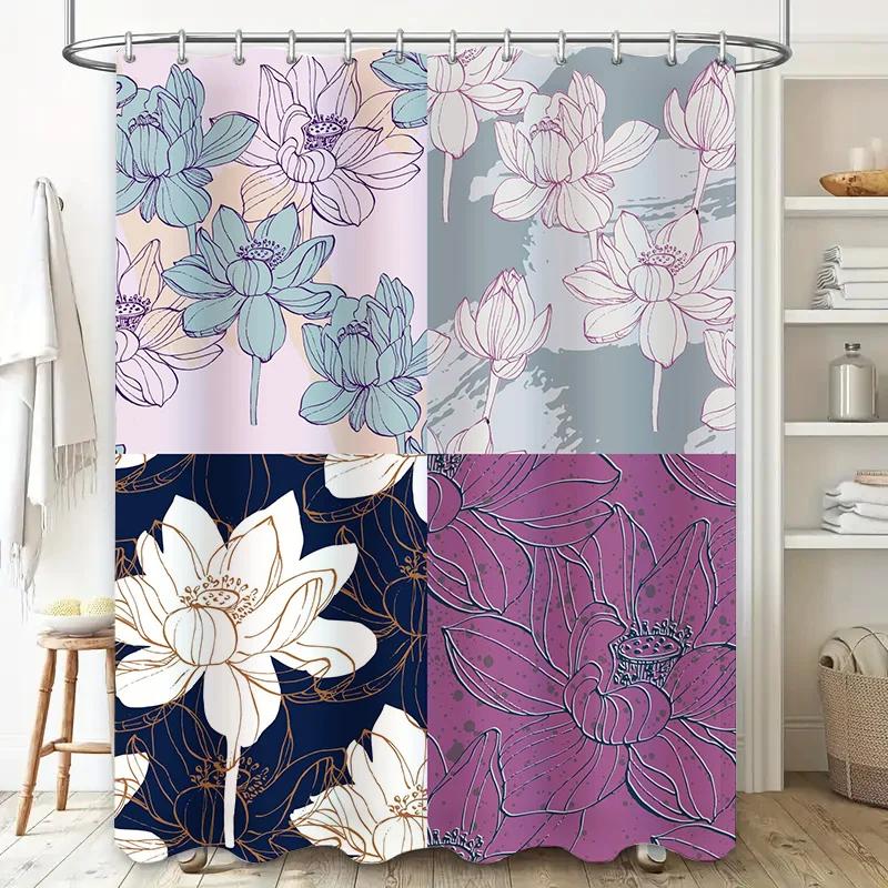 

Modern Floral Print Shower Curtain Set Pink Lotus Purple Peony Design For Bathroom Decoration Solid Color Waterproof Fabric Avai W60H190(CM)-1 Pcs