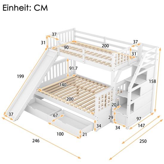 Stable Base Bunk Bed with Drawers Ladder Slide Storage Shelves Wood Frame Family Loft Bed Bedroom