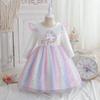 Girls' Unicorn Rainbow Princess Dress: Long Sleeve Sequined Mesh Dress for Spring & Autumn Birthdays