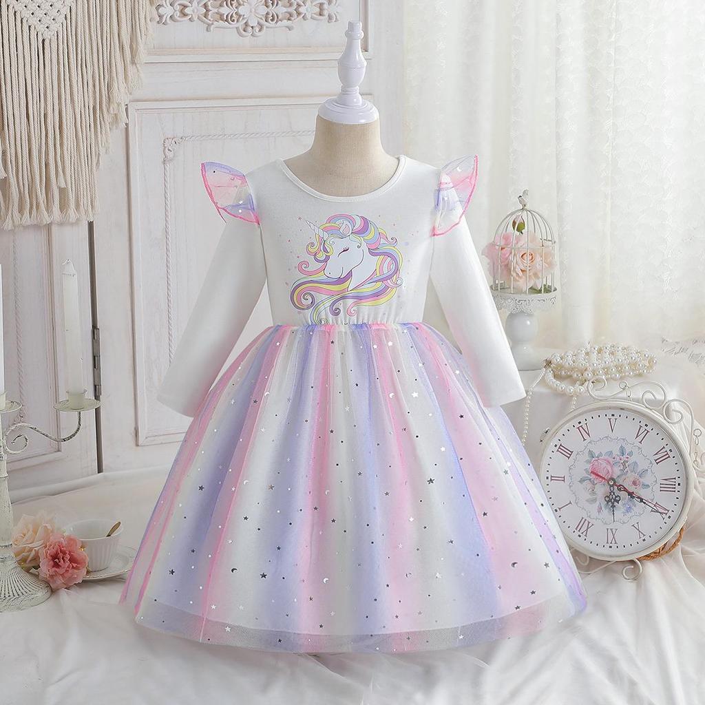Mädchen Einhorn Regenbogen Prinzessinnenkleid: Langärmeliges Pailletten-Mesh-Kleid für Frühlings- und Herbstgeburtstage
