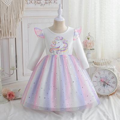 Girls' Unicorn Rainbow Princess Dress: Long Sleeve Sequined Mesh Dress for Spring & Autumn Birthdays