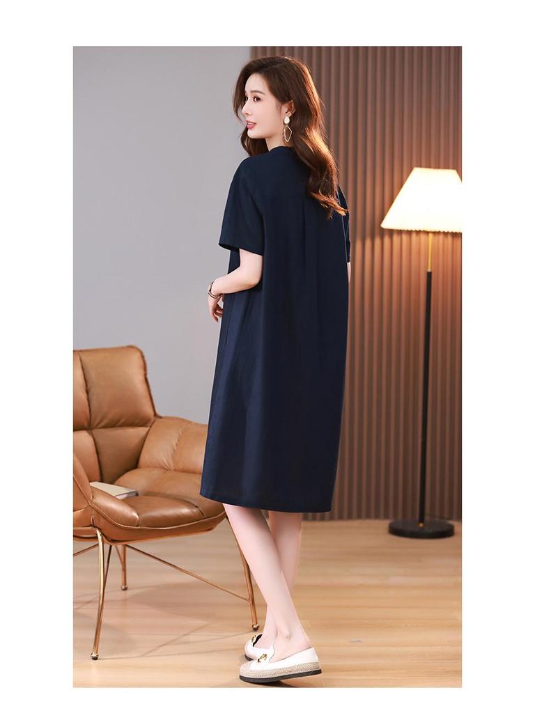 Plus Size Mid-Length Summer 2025 Cotton-Linen Dress for Women - Fashionable, Age-Reducing Style for Middle-Aged Mothers