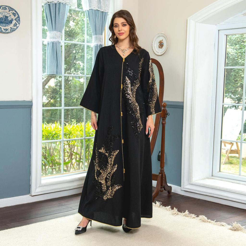AB309 Dubai Embroidered Sequin Long-Sleeve Dress for Women