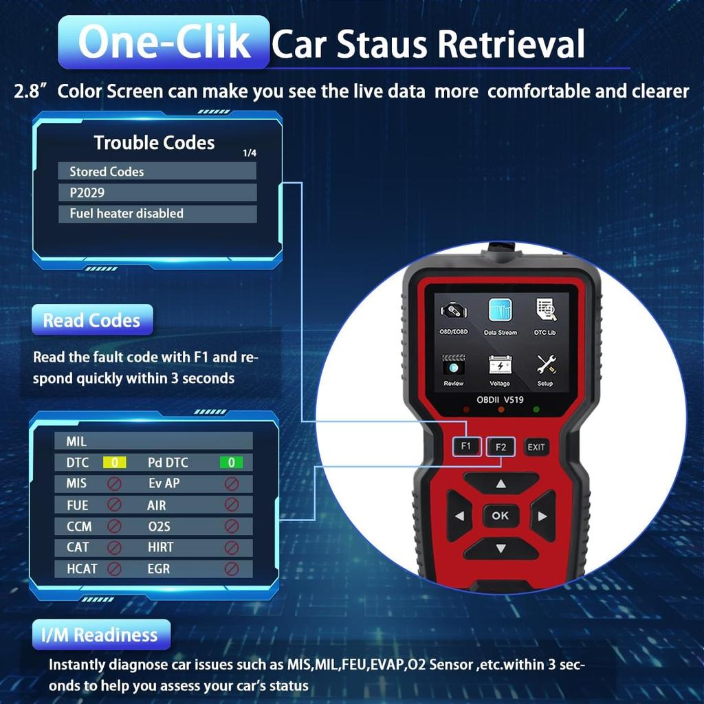 2025 New OBD2 Scanner Diagnostic Tool - Check Engine Light Code Reader With Reset, Battery Voltage Tester, Modes 6 & 8, Suitable For All OBD II