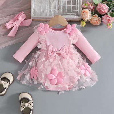 Rochie Nou-născut Fetiță cu Aplicații și Mâneci Lungi din Tricot, Toamnă/Iarnă, cu Inserții din Plasă și Bentiță