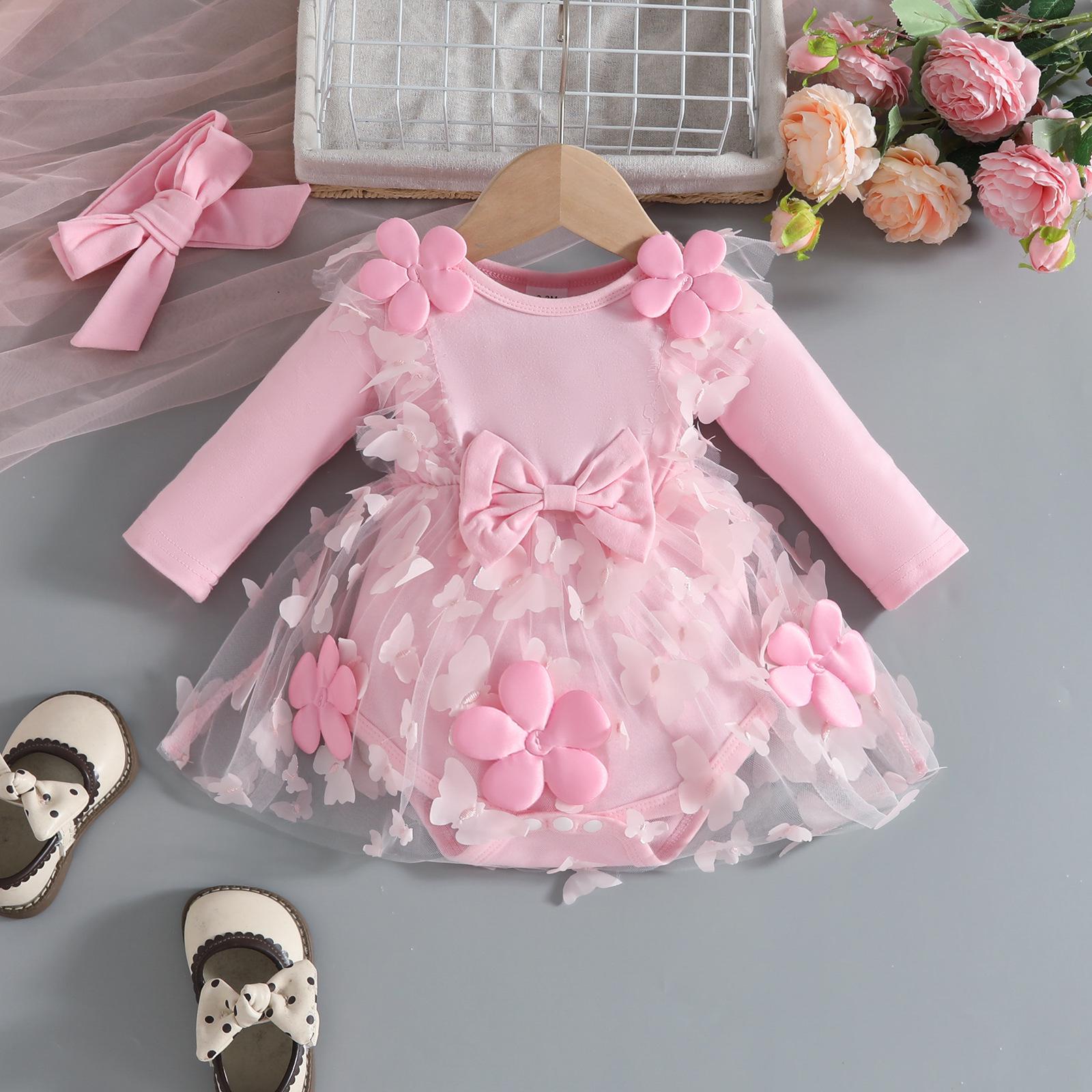 

Newborn Baby Girl Applique Mesh Dress with Headband, Autumn/Winter Long Sleeve Knitted Fabric Splice 0-3 Months розовый