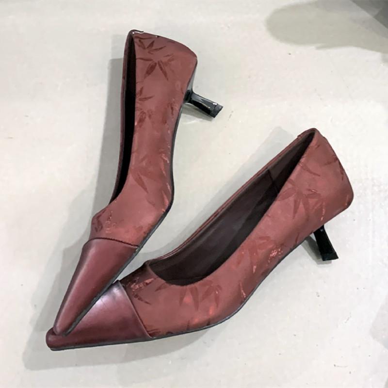 Fashion Luxury Satin Leather Splicing Women Pumps Sexy Square Toe Low Heel Muels Shoes for Women Elegant Printed Banquet Office Heels