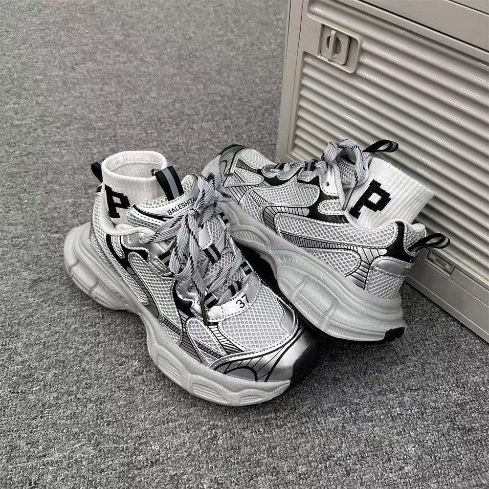 

Fashion 2024 Walking Shoes Men s Paris Shoes Designer Thick Sole Mesh Breathable Women Casual Sneakers Tire Tank Shoes 36 серебряный