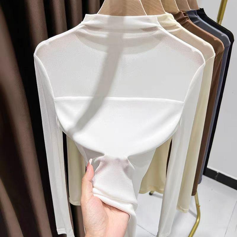 Women's Semi-High Neck Lace Mesh Top - Solid Color, Early Autumn 2025 Collection.