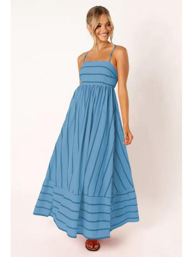 Spring/Summer 2024 Striped Off-Shoulder Wide-Hem Camisole Dress - Fresh Casual Vacation Style