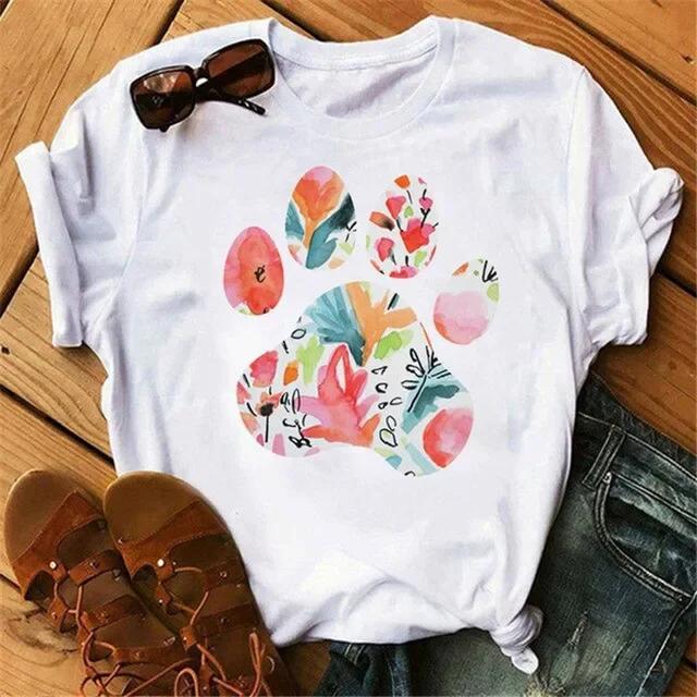 Women's Large Size Short Sleeve Crewneck T-Shirt Cartoon Hand-Painted Dog Paw Print Warm Polyester Fabric Summer Fashion