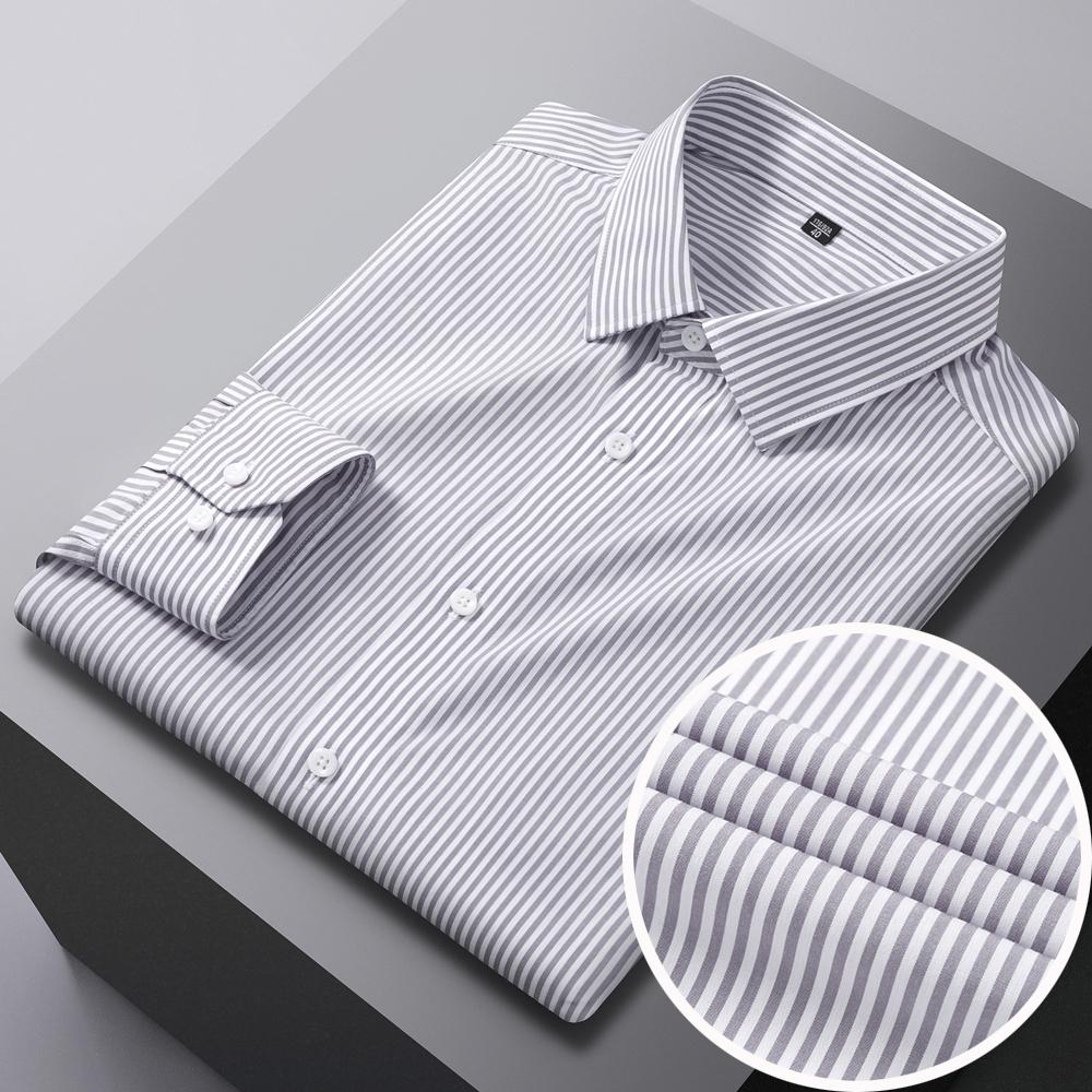 

Мужская рубашка из 100% хлопка, не требующая глажки, с длинным рукавом и полосками, удобная, мягкая, приятная к коже, повседневная, универсальная, на пуговицах 45 светло-серый