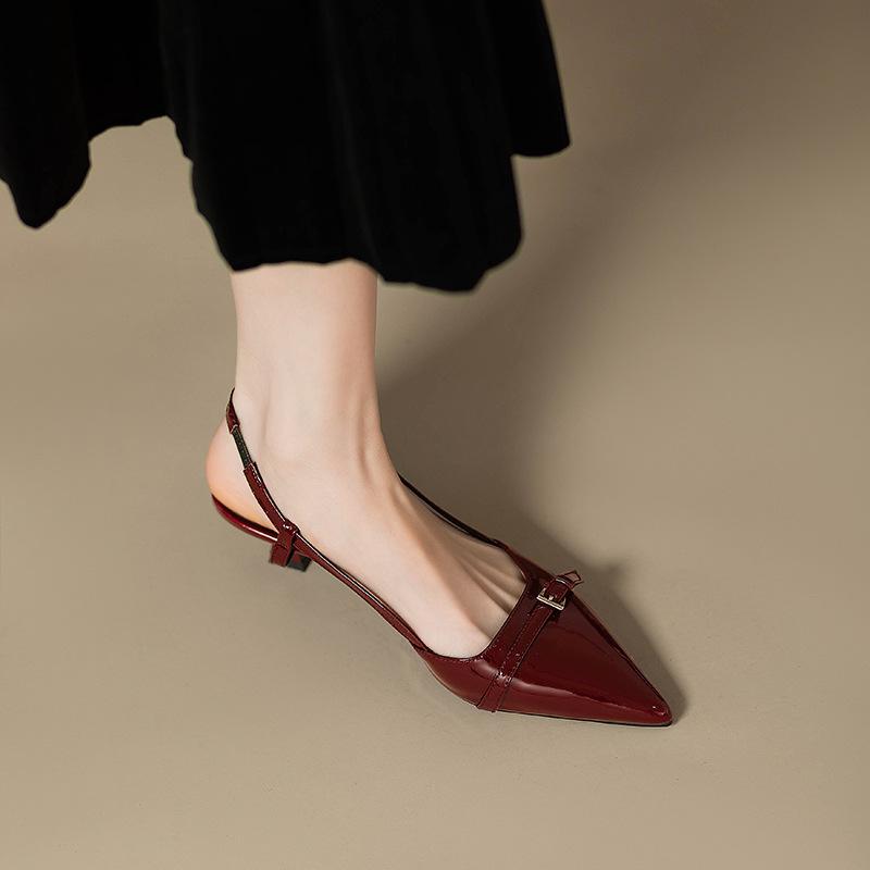 Summer French Wine Red Pointed Patent Leather Mid-heel Overhead Sandals for Women Retro Skinny Heel Back Empty Shoes