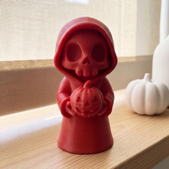 Collectibles for Halloween 3D Printed Grim Reaper Figurine Holding Pumpkin, Blank DIY Pumpkin Paintable Statue, Cute Desktop Shelf Holiday Decor