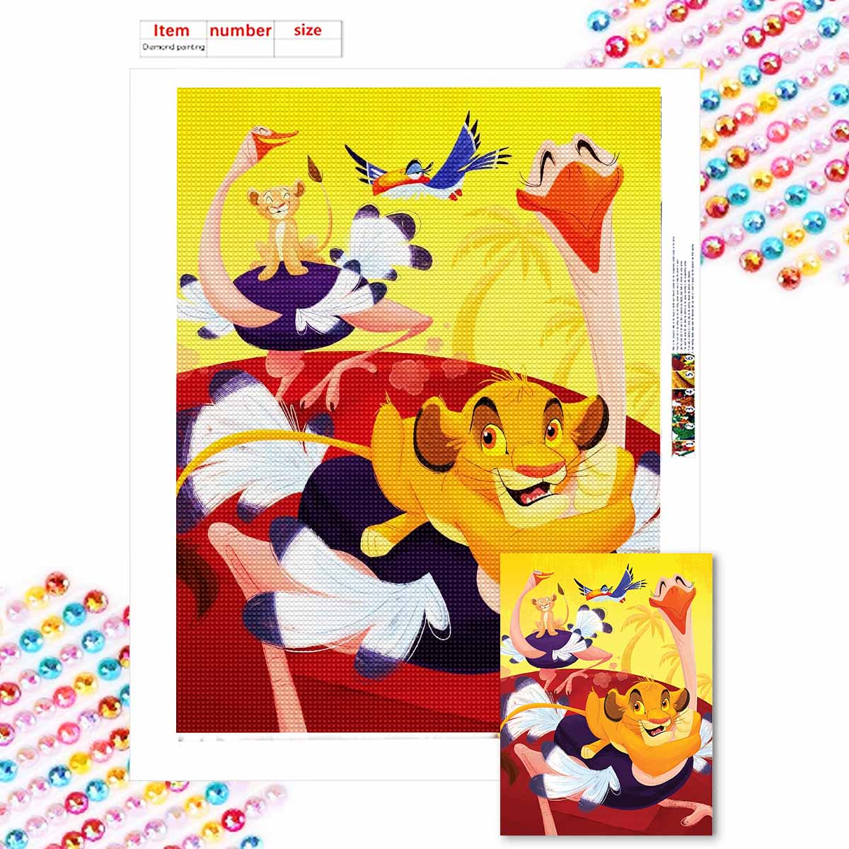 

Полная круглая алмазная живопись Король Лев Симба и его спутники Искусство Стразы Картина Мозаика Сделай сам 5D Вышивка крестом Вышивка Украшение для дома Round 20x30cm