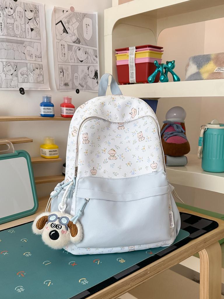 Schoolbag milky white fresh floral cute bear patchwork student backpack for students and healing style gentle bestie travel mini backpack