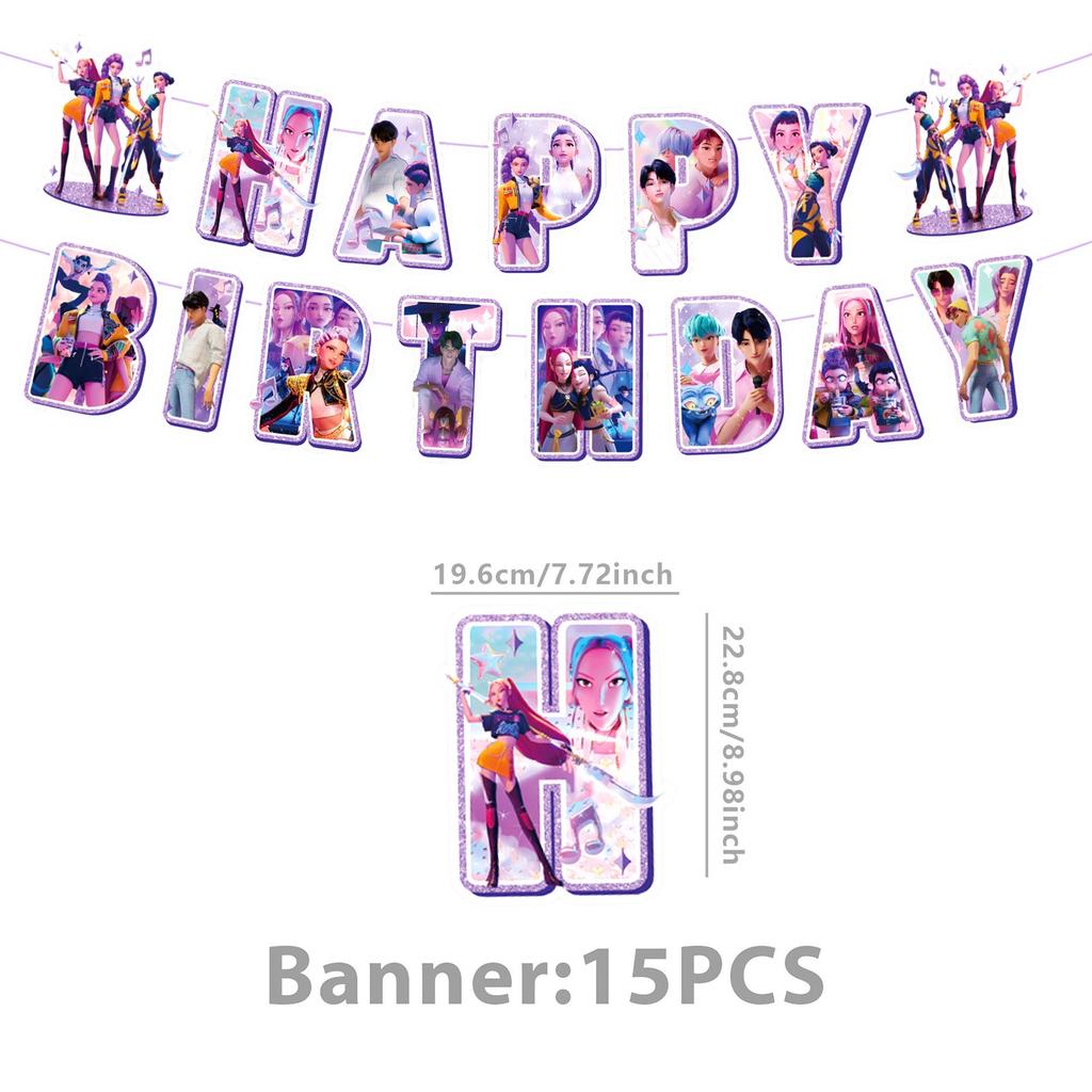KPOP Dämonenjäger Mädchen Geburtstag Dekoration Set: Banner, Kuchendekorationen & Hängende Dekorationen
