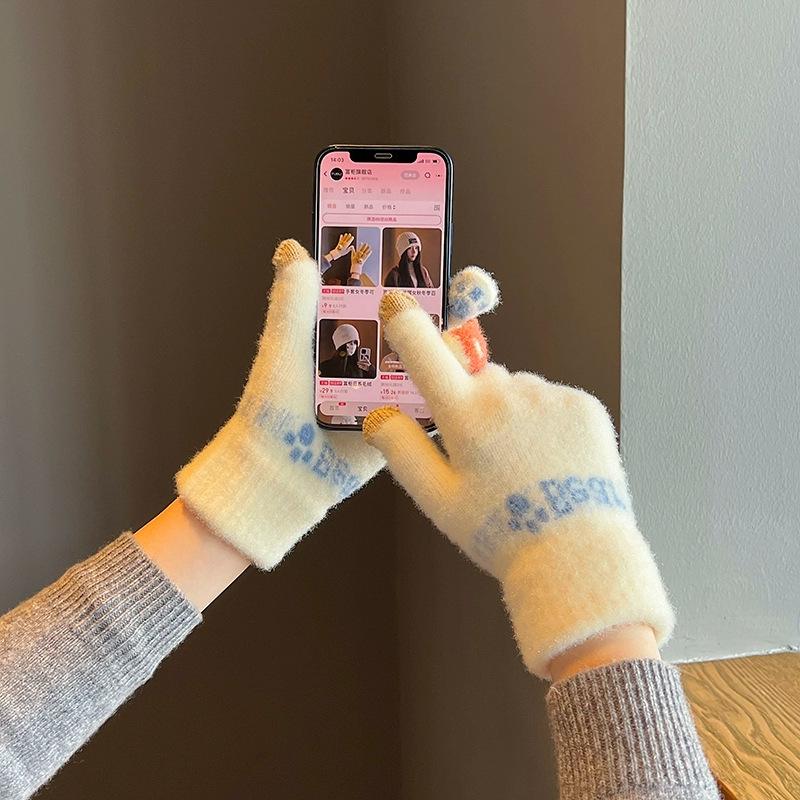 Gloves winter female ins cute thickened warm cold cycling student five fingers wool knitting autumn and winter