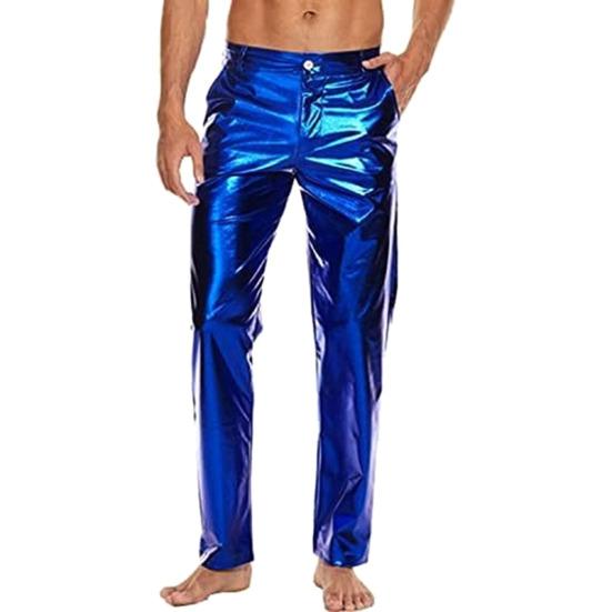 Men Pants Mid-rise Button Zipper Fly Shiny Casual Trousers