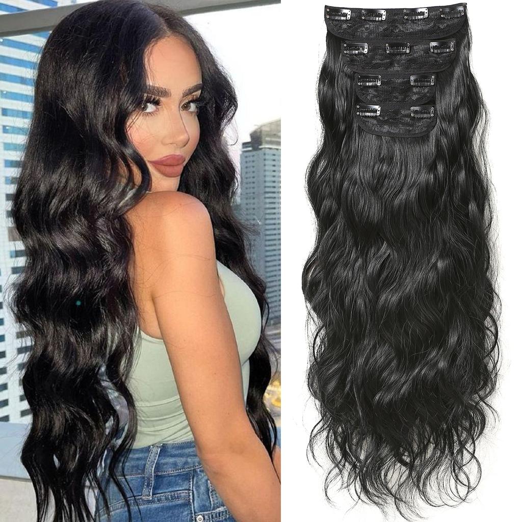 22Inch Black Synthetic Hairpieces 4pcs Long Wavy Hair Pieces 11 Clips in Hair Extension Natural Looking Heat Resistant for Women