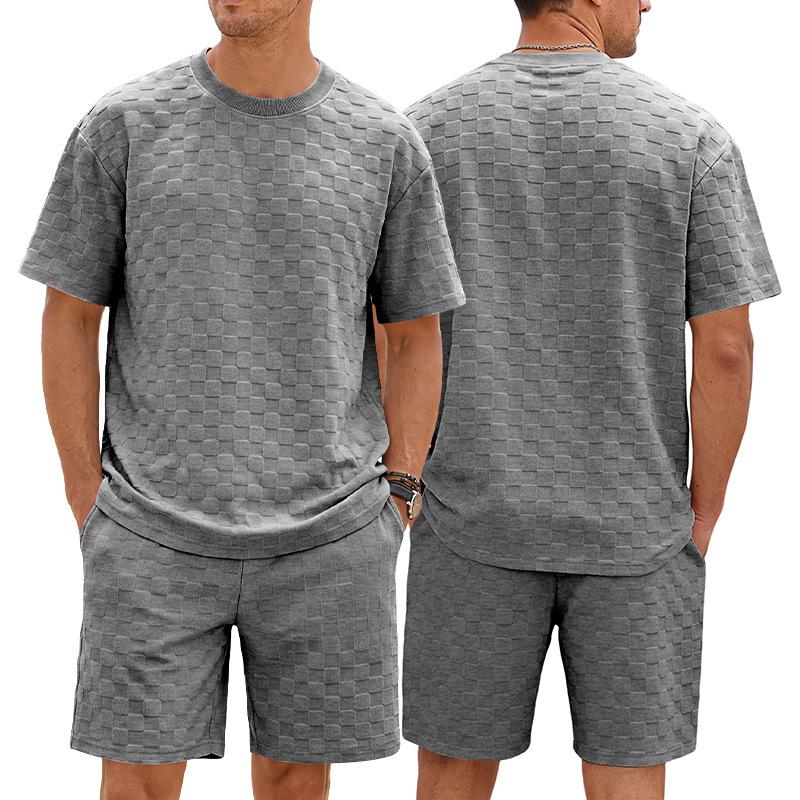 Men Waffle Grid Textured 2 Piece Outfits, Crew Neck Short Sleeve T‑Shirt Drawstring Elastic Waist Shorts Casual Summer Track Suit Set Multiple Colors
