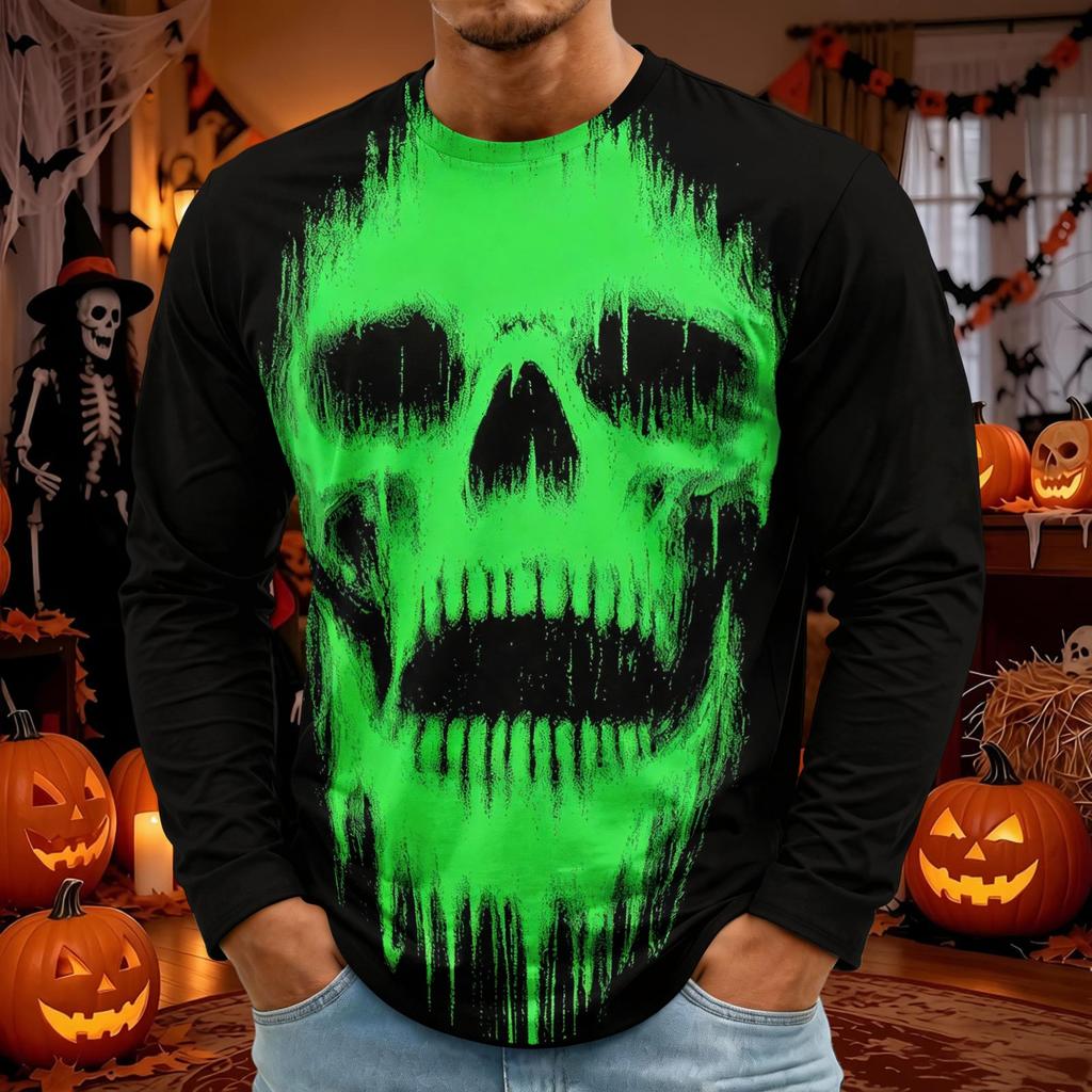 Men's Halloween Print Long Sleeve Round Neck T-Shirt Fashionable Top