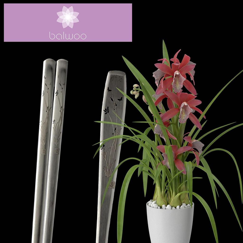 Korean Flat Chopsticks [5 Sets][Made in Korea] 304 Premium Stainless Steel Mukbang Utensil Cutlery Silverware Metal Chopsticks (Orchid Painting)
