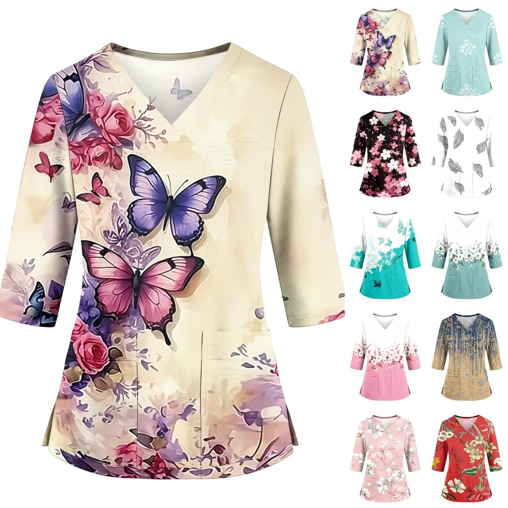 Bata de trabajo para mujer con estampado floral, cuello en V, bolsillos, aberturas laterales, mangas de tres cuartos