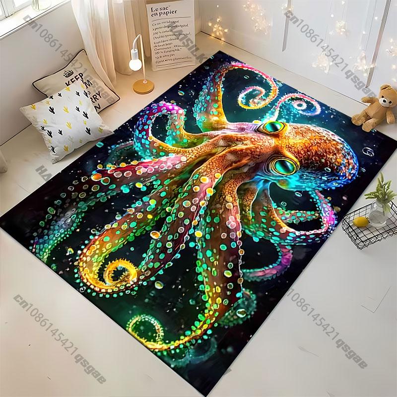 Vibrant Colorful Glowing Octopus Carpet Yoga Living Room Room Decor Children's Crawling Mat Doormat Area Rug Games Mat