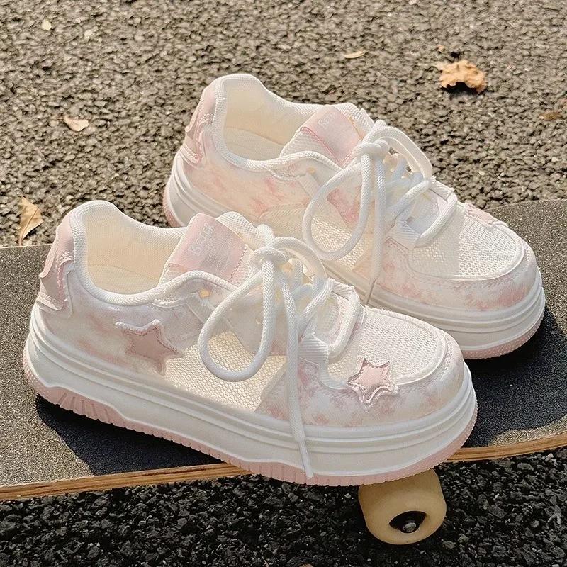 Spring Women Breathable Sneakers Cute Pink Star Shoes Thick Heel Sneakers Shoes Casual Running Platform Lolita Sports Shoes