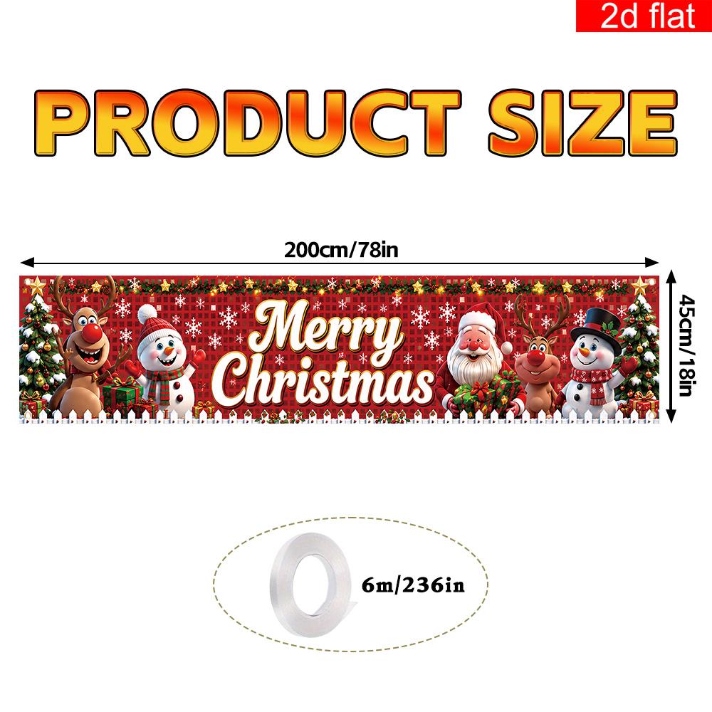 Merry Christmas Yard Sign Party Banner, Cartoon Santa Red Nose Reindeer Snowman Red Plaid Design, Polyester Outdoor Decoration