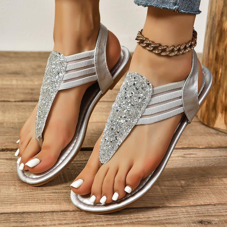 New Flat-bottomed Rhinestone Pinch Comfortable Versatile Beach Sandals Women's European, American and Large-size Women's Shoes