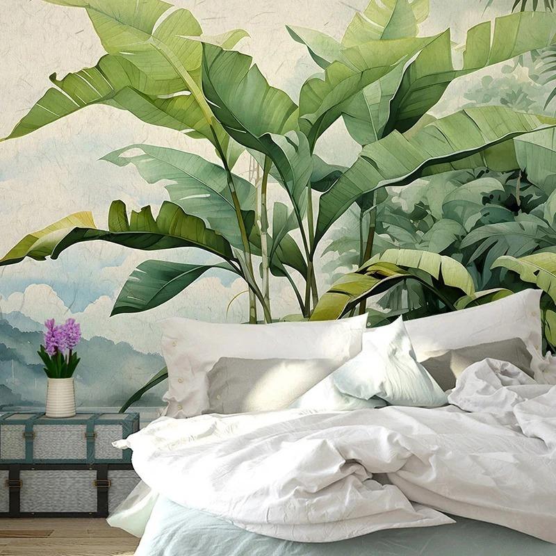 Nordic Retro Wallpaper Hand-Painted Tropical Plants Leave Wall Mural Living Room Bedroom Wallpaper Home Decor Fresco