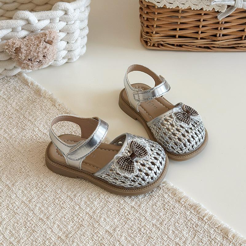 Korean Girls Bow Soft Sole Sandals Summer Sweet Princess Braided Sandals size 21 серебряный
