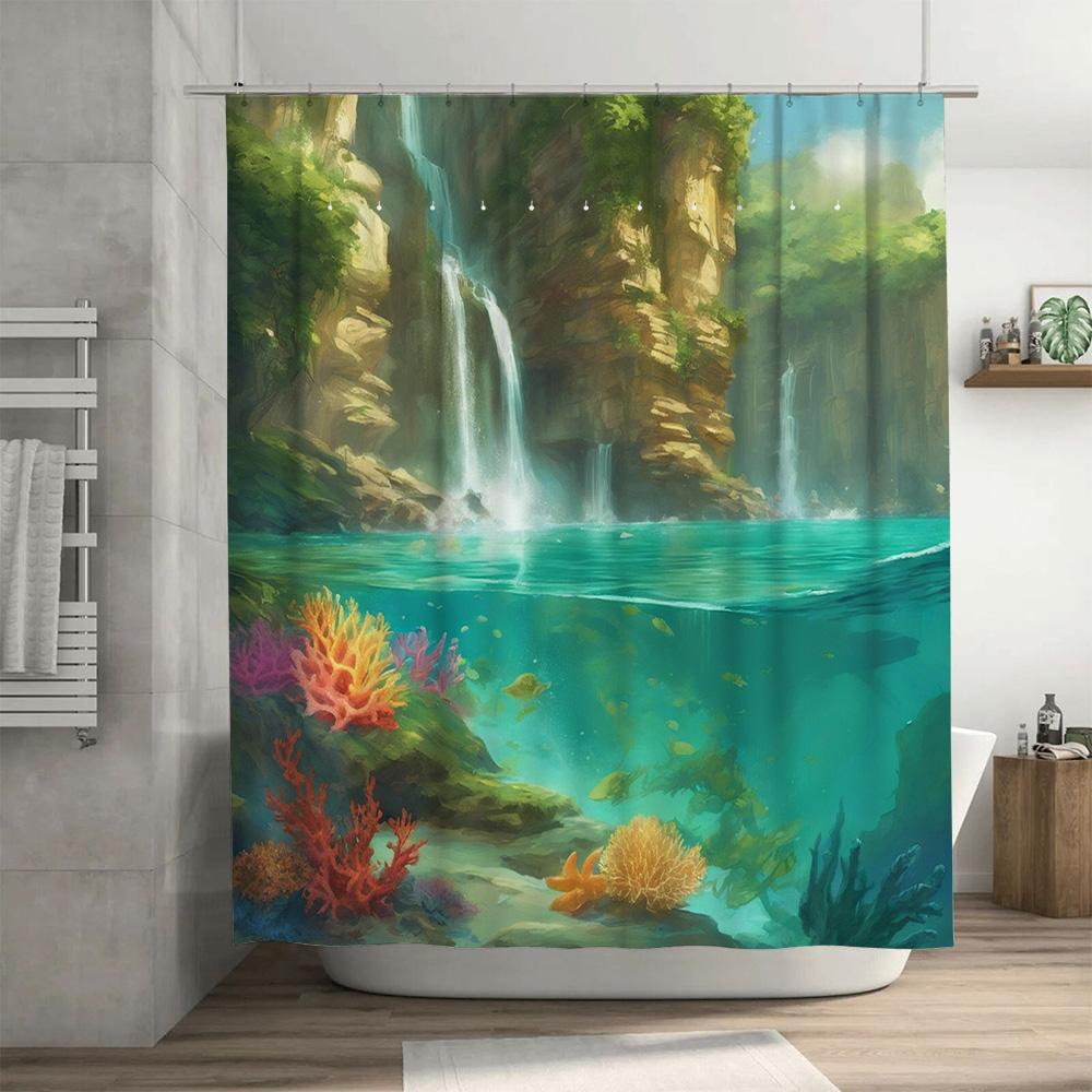 Artistic Waterfall Seaside Coral Print Shower Curtain Bath Decor for Home Decoration 180 X 245 Cm