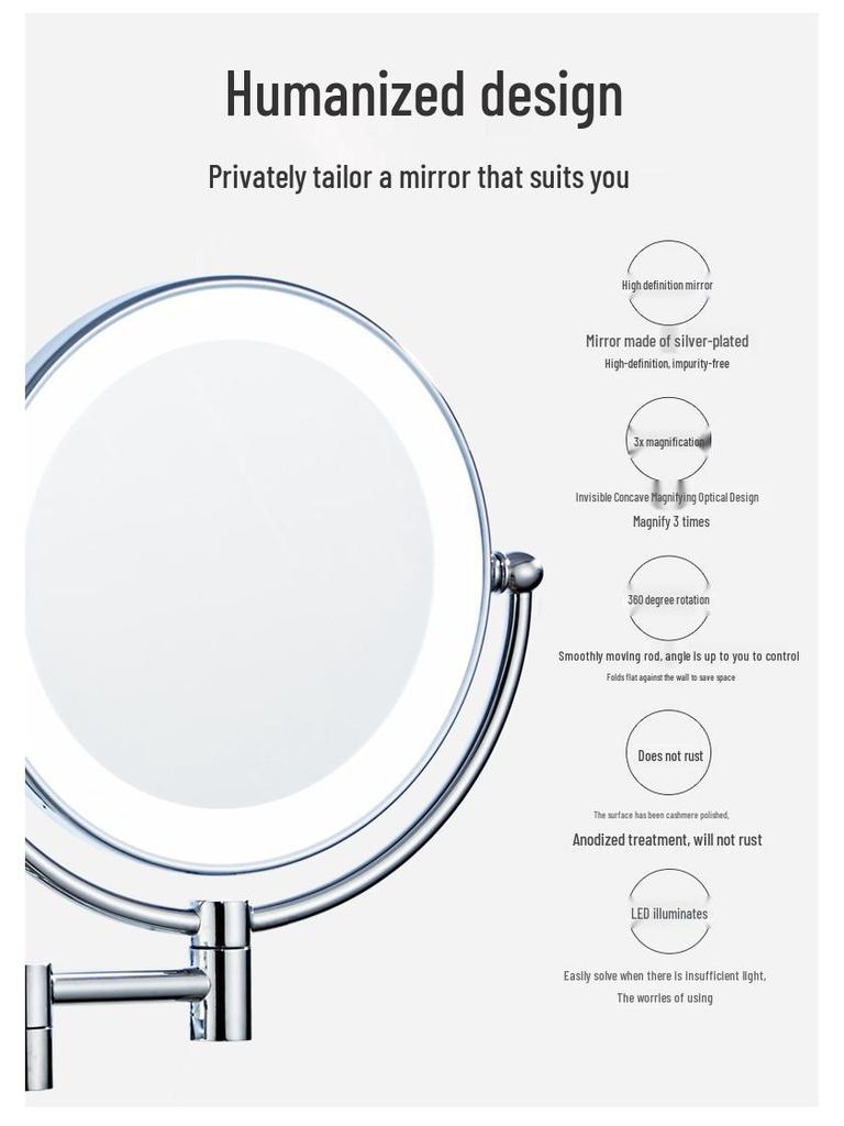 Wall-Mounted LED Touch Makeup Mirror with Recessed Wiring, Telescopic Fold, for Hotel Bathrooms