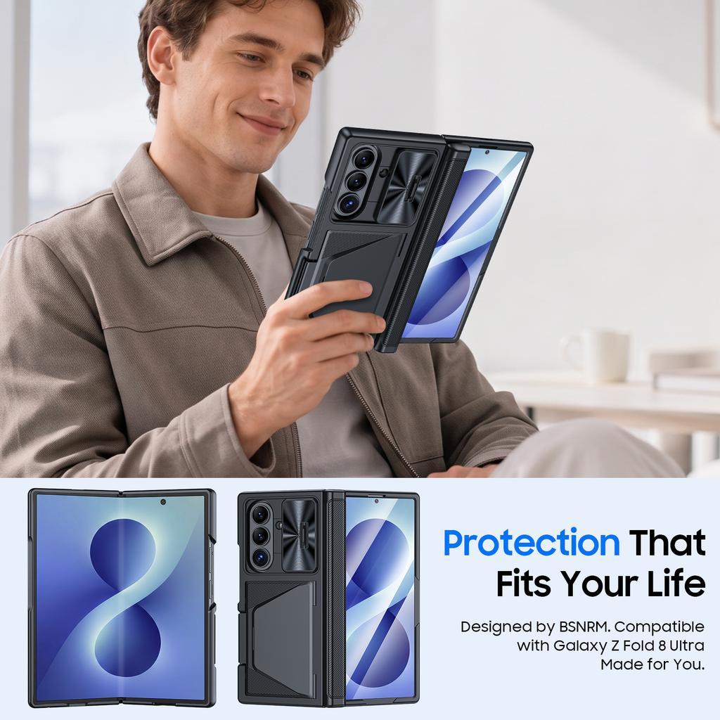 Schutz-Brieftaschenhülle mit RFID-Kartenhalter und verschiebbarer Kameraabdeckung, Hartschale für Galaxy Z Fold 8 Ultra-Schwarz