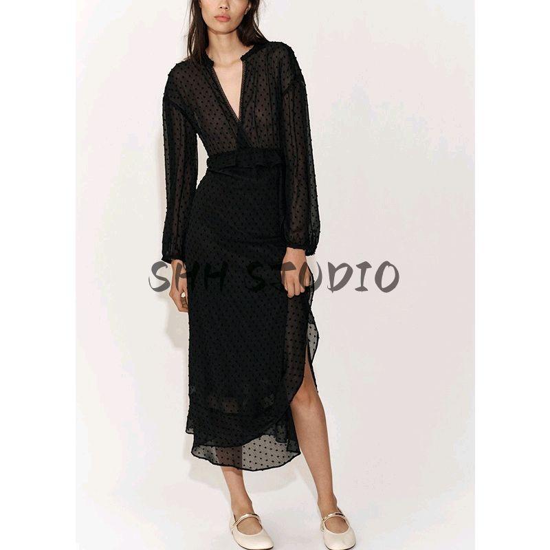 Spring New Women's Clothing Hepburn Style Laminated Decoration Fashion Tulle Long Sleeves V-neck Dress 2207809