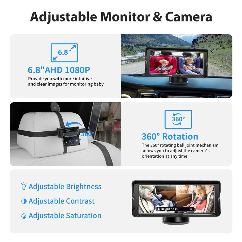 6.8inch 1080P Display Car Baby Camera Dual Channel with 2 IR Night Vision Camera and 150° Wide View Angle Automotive Baby Camera