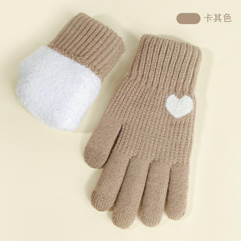 Knitted gloves, women's autumn and winter warm outdoor cycling cold-proof double-layer velvet thickened, touch screen gloves